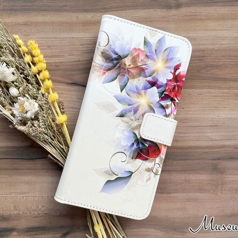 Xperia AQUOS Galaxy iPhone 対応 手帳型ケース カメラ穴対応 選べる 帯有りor帯無し/ Flower Garden5 g-533