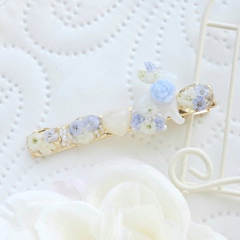 うさぎちゃん ( 淡色 ブルー ) ♡ かすみ草 アンティーク フラワー レジン ヘアクリップ ꕤ︎︎ 8cm ドライフラワー / レジンアクセサリー