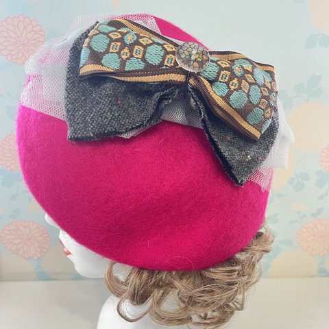 ホットピンクベレー帽 チュール刺繍リボンツイードダブルリボン