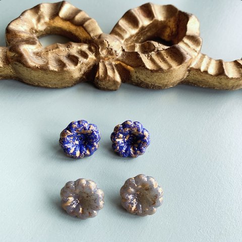 【2色ペア4コセット】JIRI＊IVANA#czech beads#チェコビーズ　bellflower14✖️6㍉　gray＊cobalt blue/goldrain