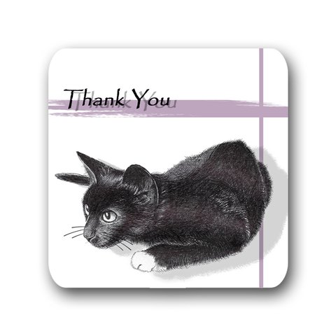 【猫のサンキュー　メッセージカード　タグ　正方形　スクエアカード】黒猫デザイン-パープル