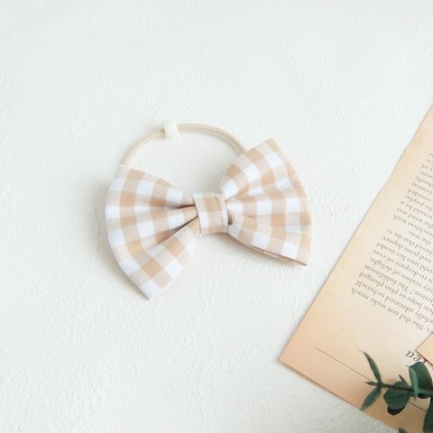 【BASIC】ギンガムチェック リボンヘアゴム　<beige>　 Gingham Check  Ribbon 