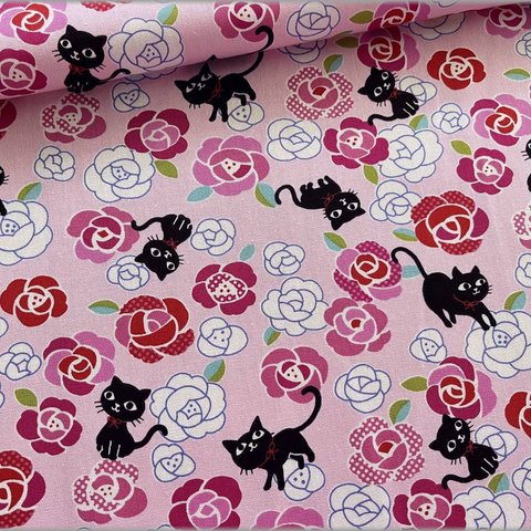 【50×54㎝】黒猫バラ柄♪ピンク☆コットン