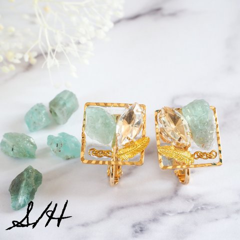 Apatite Stone bijou: ミントグリーン アパタイト鉱石のビジューイヤリング