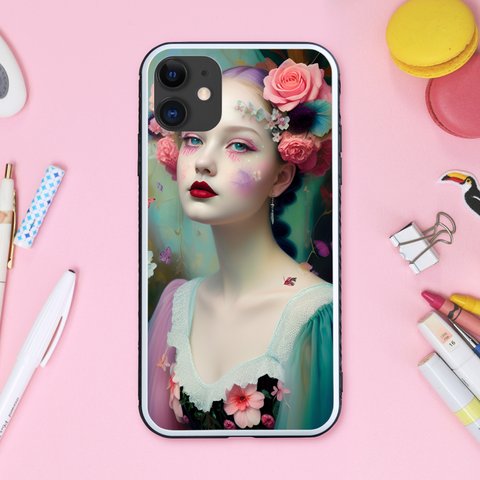パステルカラーで幻想的なゆめかわいい女の子と花や蝶 スマホケース【強化ガラス仕上げ】iPhone15 対応