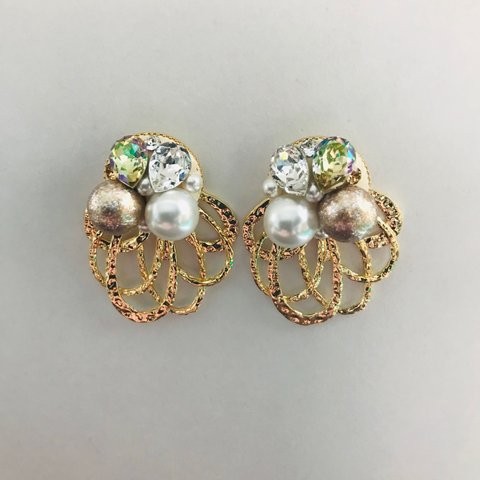 （グルーデコ）2wayゴールドベージュのパールのビジューピアス