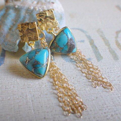 Triangle Turquoise Gold Fringe Earrings  