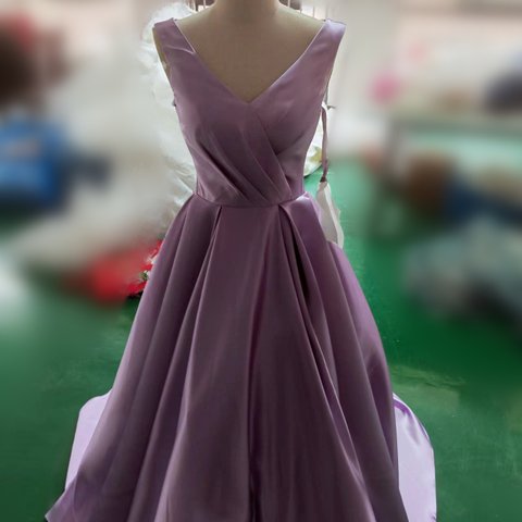 スレンダーラインピンク紫 Vネック編み上げ短トレーンオンショルダードレスお呼ばれ/二次会/2次会/合コン/デート