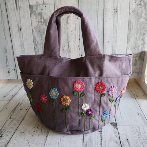 モチーフ編みお花の布トートバッグ（グレーパープル）