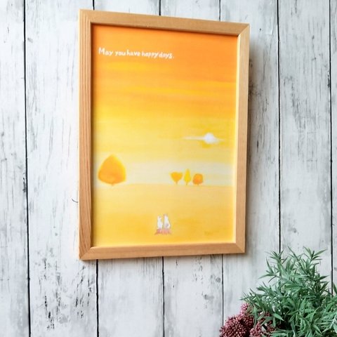 『あなたに良いことが訪れますように』 アート ポスター 夕陽 猫 秋 風水 癒し 絵 絵画 イラスト 風景画 水彩画  インテリア 壁掛け A4                        