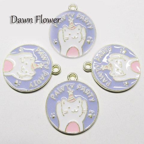 【D-0752】5pcs　パーティー猫　23×20mm　ホワイト＆パープル　チャーム　ハンドメイドパーツ