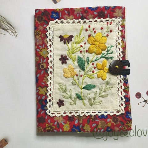 ノートカバー＊本カバー＊黄色いの花の刺繍＊花柄<文庫本・単行本>