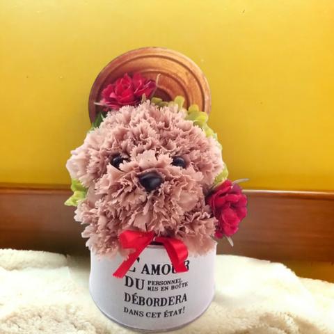 花の犬(淡い茶色)／プリザーブドフラワー トイプードル 花 犬  カーネーション ペット お供え 誕生日 母の日 犬好き プレゼント