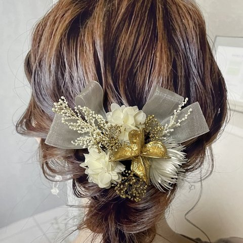 ドライフラワー ヘッドパーツ ヘッドドレス ヘアード ヘアパーツ （ホワイト×ゴールド）