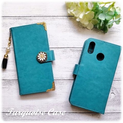 【GALAXY機種】手帳型スマホケース🌼きれいめ大人ターコイズ🌼iPhone Android  S9 S10 S20 S21 S22 S23 