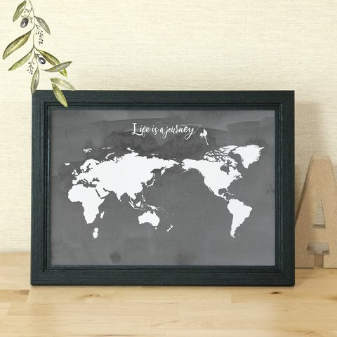 A4世界地図ポスター ブラック＆ホワイト / シンプル＆ミニマルマップ黒白