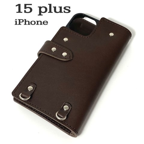 送料無料 手帳型 スマホケース iPhone 15 plus 用 スマホショルダー ハードカバー 革 チョコ