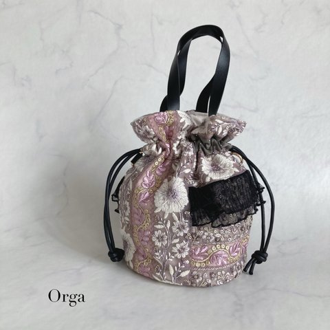 Orga bag 〜2way  インド刺繍リボンの丸底巾着バッグ　くすみパープル