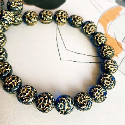 再販【6コセット】JIRI＊IVANA#czech beads#チェコビーズflower10㎜ cobalt blue/bronze 瑠璃色