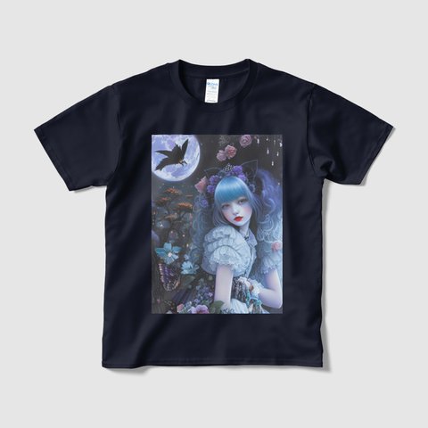 ゴシック調のメイド服で黒い猫耳と青い髪がゆめかわいい女の子 Tシャツ 半袖 【4色展開】