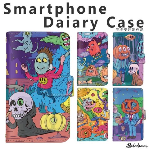 【h-016◎】受注製作 モンスター ゴースト ゾンビ ハロウィン イラスト スマホケース 手帳型 ハロウィン ケース