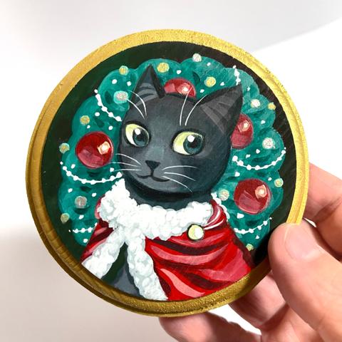 原画 丸いクリスマスリースと黒猫のイラスト アニマル 壁掛け 飾り クリスマス 飾り