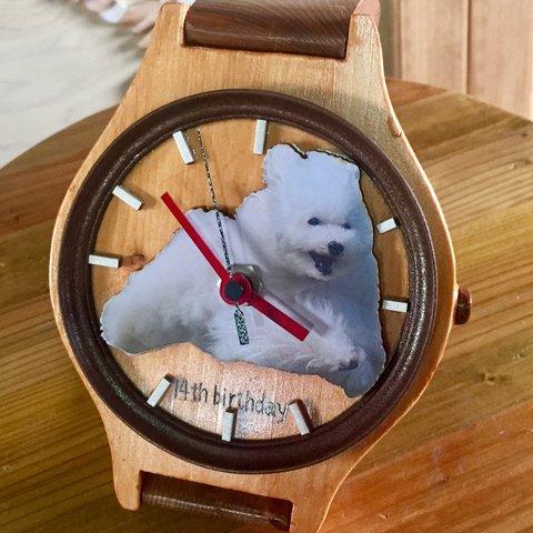  ワンちゃん腕時計型 時計(リアル 立体) 木製オーダーペット時計