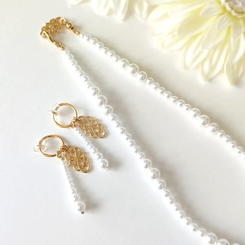 卒業式、入学式、結婚式など...ハレノヒに《2点Set＊イヤリング＆ネックレス》Infinity with Bubbles pearl/Gold