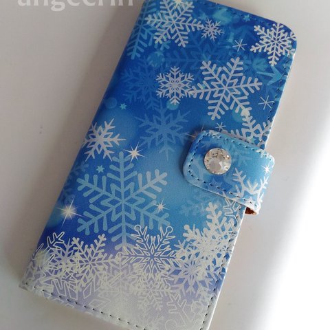綺麗な雪の結晶　ワンポイントスワロフスキー　手帳型ケース