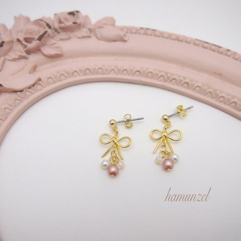 リボン&小さなパールのピアス *gold*