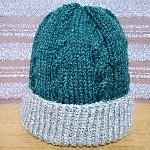縄編み模様のシンプルニット帽☆バイカラー