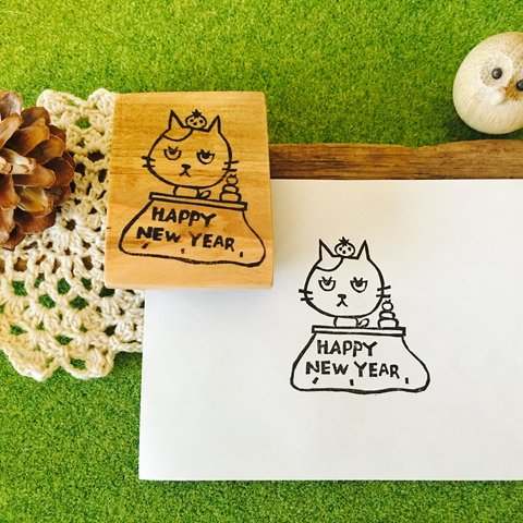 happy new year こたつねこ (ゴム版はんこ)