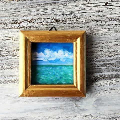 小さな絵画「エメナルドグリーンの海A」油彩・原画・壁掛け専用