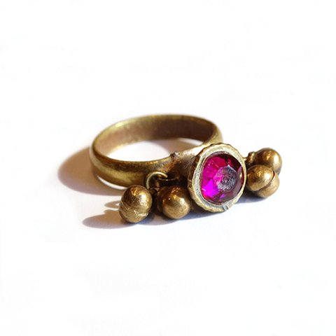 Vintage Brass Shocking Pink Rhinestone Ring