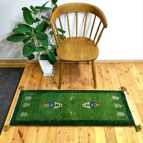 春の目玉品25％OFF】ペルシャ　ギャッベ ミニランナー　 116x40cm　グリーン　糸杉　RJ9618s