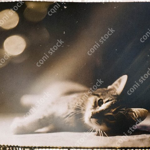 ごろんとしているかわいい子猫の昔の写真イメージ、レトロ、モノクロ、アート、古びた写真　conistock_91110_06