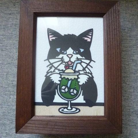 メロンソーダを飲む猫ちゃんの切り絵　🍈　（L判）