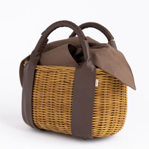 長方形型かごバッグ（本体ブラウン×ベルト茶）　内袋付かごバック　　ファー　かごバッグ　名入れオプションあり　刺繍オプショ