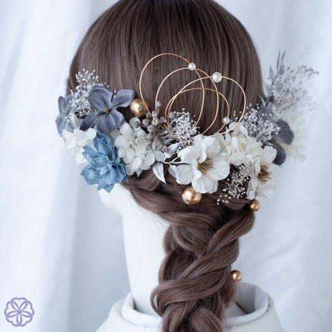 くすみブルーと林檎の花の髪かざり　成人式　卒業式　結婚式　振袖　着物　和装　ヘアアクセサリー