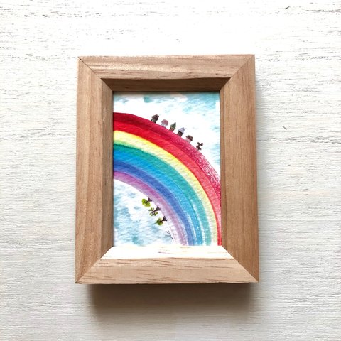 🌈「幸せの虹の街」水彩画イラストミニ額  プチギフト  虹　🌈