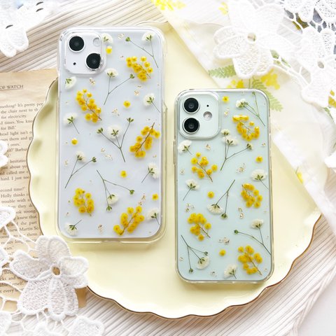 ｙｅｌｌｏｗ ｋａｓｕｍｉ～ミモザとカスミソウ～ 押し花スマホケース 全機種対応