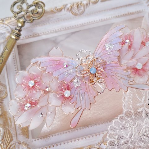 （B）夢うつつの蝶と桜のバレッタ（hair ornaments of  butterfly〜spring dawn〜）
