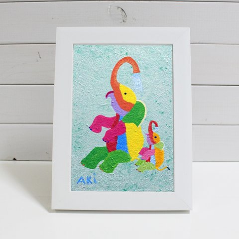AKiの色彩「ゾウの親子 水遊び」 （複製 ハガキサイズ）