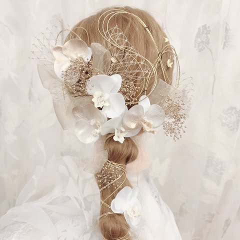 胡蝶蘭✨金箔ヘア✨ゴールドヘッドドレス★ウエディング★結婚式★花嫁★卒業式★ヘアアクセサリー★ヘッドパーツ★水引★成人式