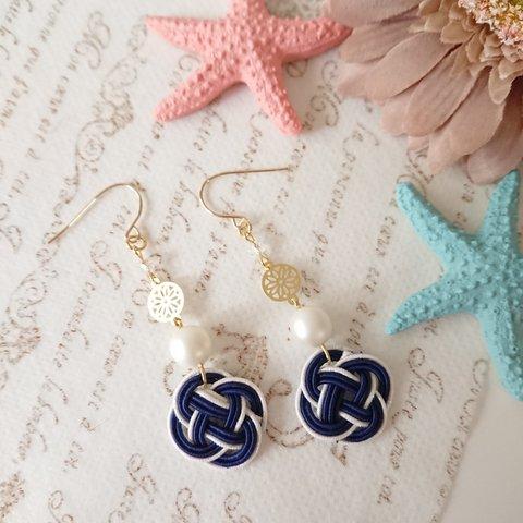 水引 Blue ・ 爽やか ・イヤリング ∥ ピアス