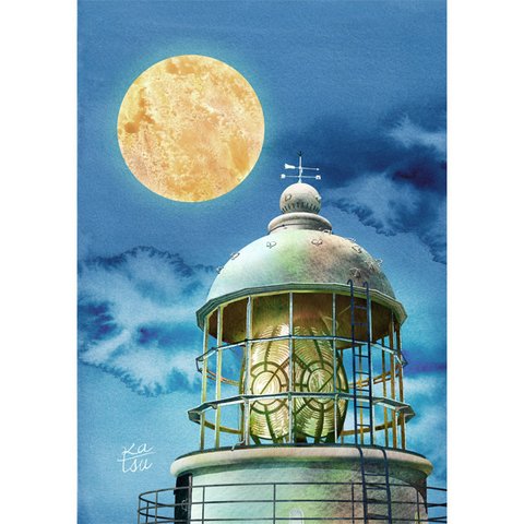 「月と灯台」　経ヶ岬　満月　フレネルレンズ　京丹後　イラスト