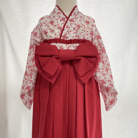 ベビー袴♡袴風スカート　80〜90サイズ  リボンヘアバンドセット　小花柄に鮮やかな赤を合わせたかわいい雰囲気に💕