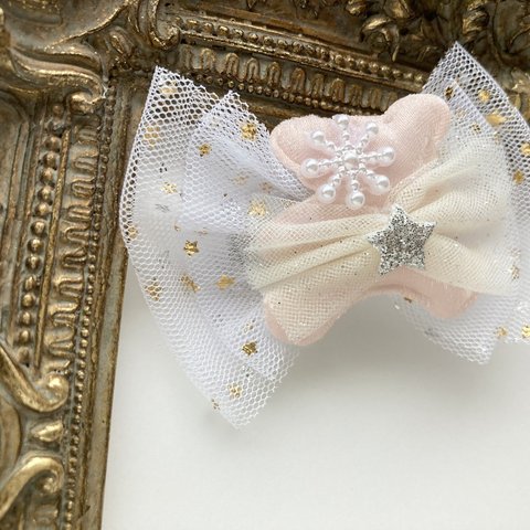 セール♡浴衣♡出産祝い♡くまちゃん❄️キッズクリップ♡バッグに付けても♡プチギフト⭐️上品♡重ねチュール⭐️キッズリボンクリップ1点