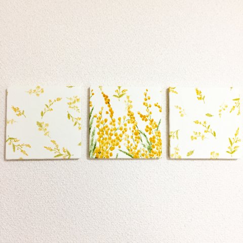 【送料無料】ファブリックパネル  ミモザの花畑①  3枚セット　15×15cm