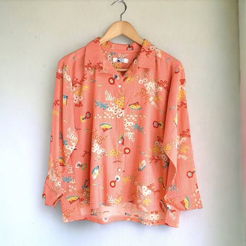 オープンカラー　シャツ【送料込み】着物リメイク　ピンク